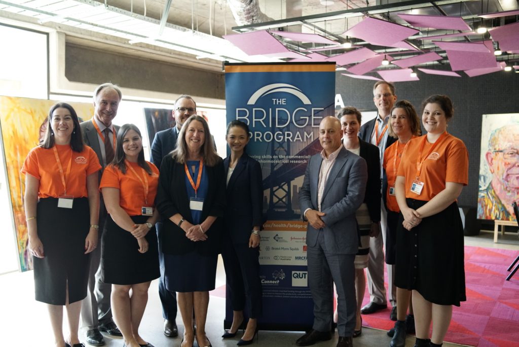 Left to Right: Kylie Birkinshaw (QUT); John Alexander MP; Kari Melvin (QUT); David Thomson (AbbVie); Professor Lyn Griffiths (QUT); My Linh Kha (Amgen); Sean Lybrand (Amgen); Anne-Maree Englund (MSD); Martin Zagari (Amgen); Kate Regnault (QUT); Kate Nelson (QUT).